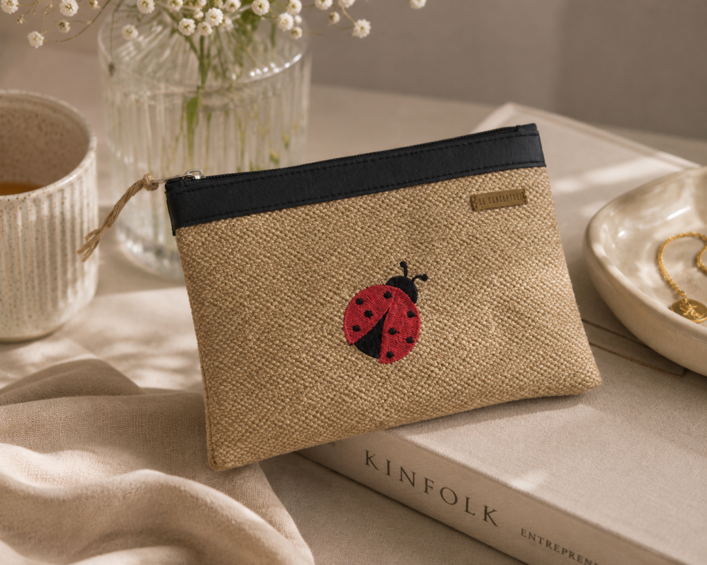 Organizador tv small mimbre - cinta negra - bordado lady bug